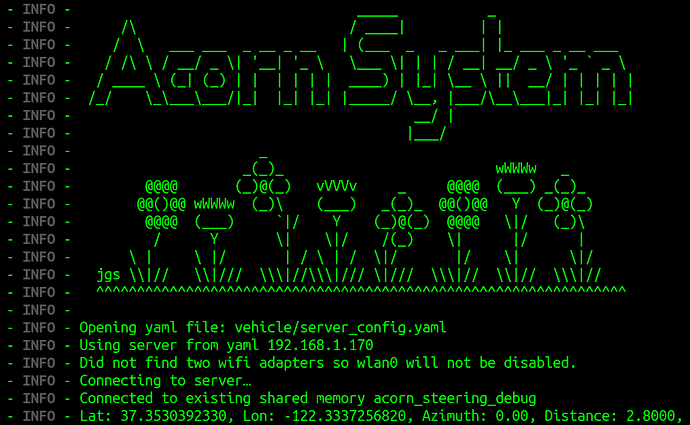 A screenshot of the terminal of the acorn software running in simulation.
