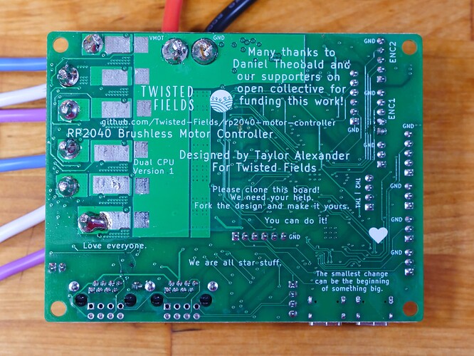 The back of our motor controller, with a thank you to our supporters, an invitation to fork the board design, and a small Carl Sagan quote.