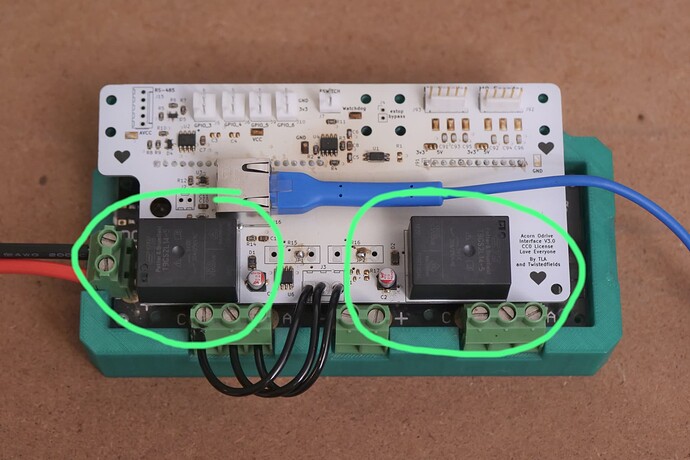 An image of the relays on the motor controller interface board.