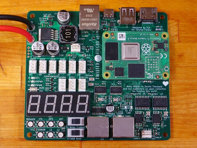 A photograph of our robot motherboard with a Raspberry Pi CM4 compute module.